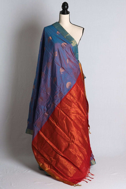 Blended Soft Cotton Silk Kanchipuram Saree in Peacock Blue and Red - Saree Mandi