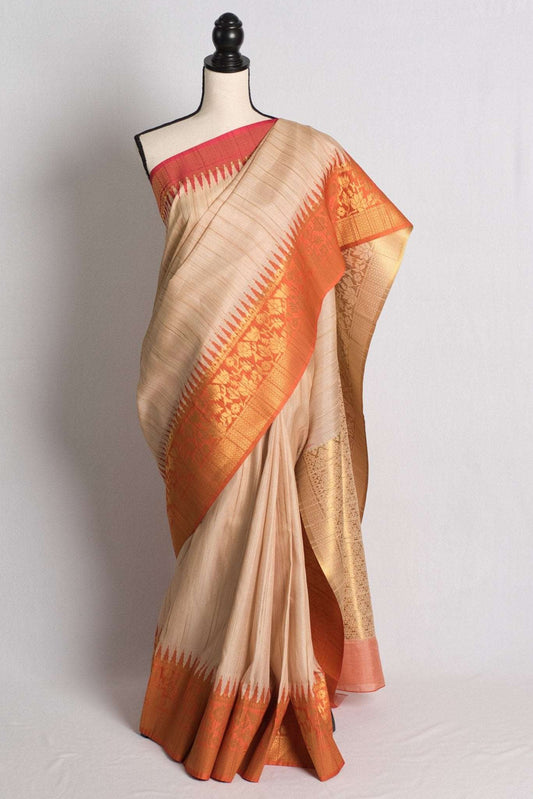 Blended Tussar Silk Banarasi Saree in Beige, Orange and Rani - Saree Mandi