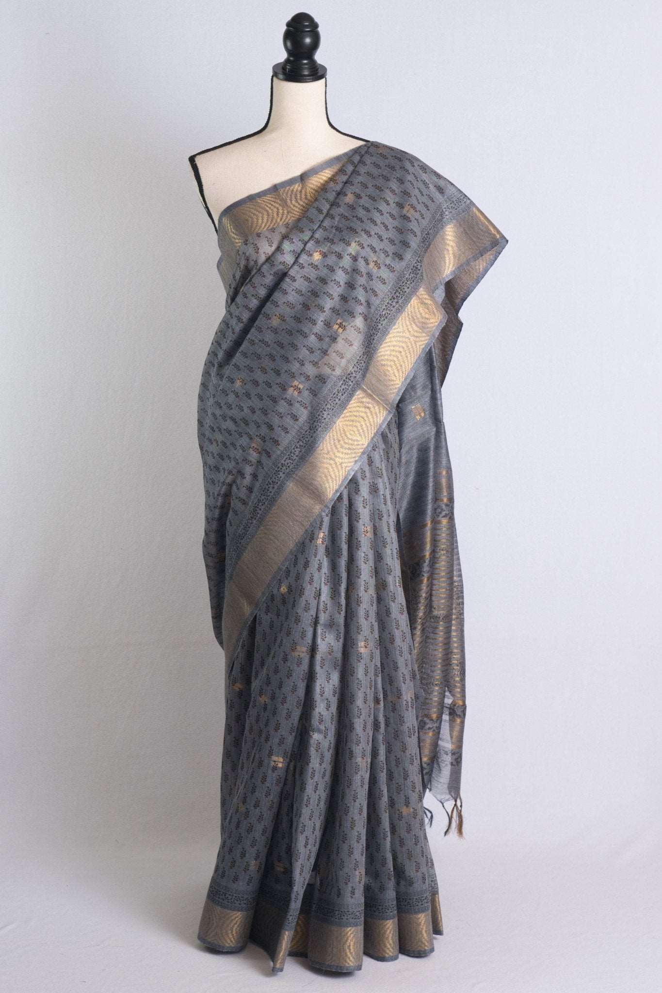 Block Printed Baswara Tussar Saree in Gray - Saree Mandi