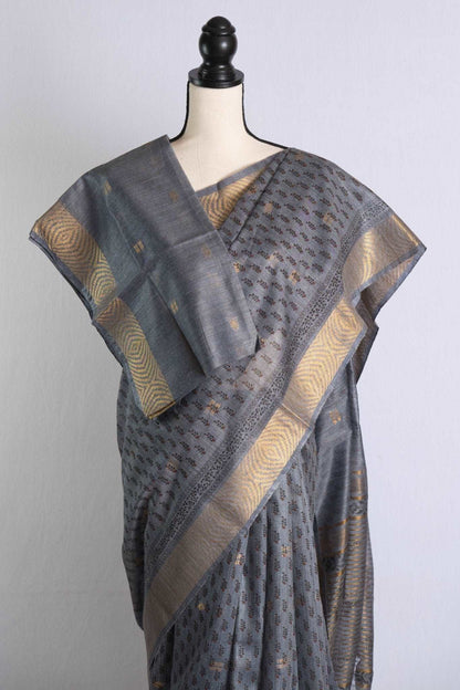 Block Printed Baswara Tussar Saree in Gray - Saree Mandi