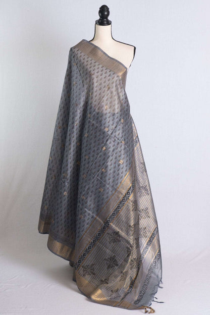 Block Printed Baswara Tussar Saree in Gray - Saree Mandi