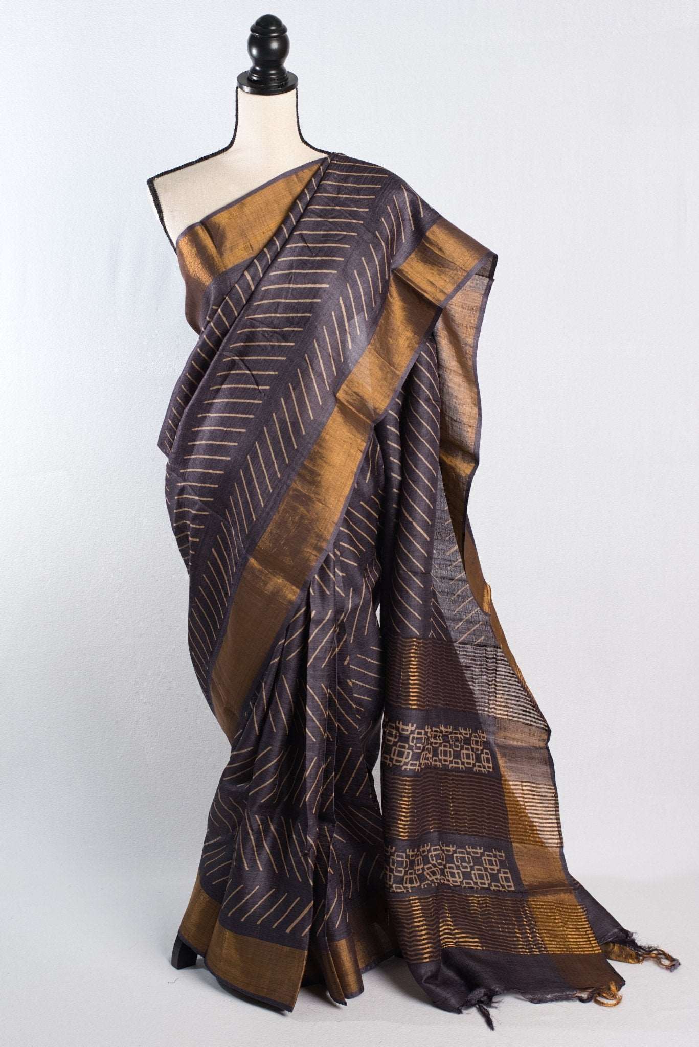 Block Printed Pure Tussar Silk Saree Dark Purple and Antique Gold - Saree Mandi