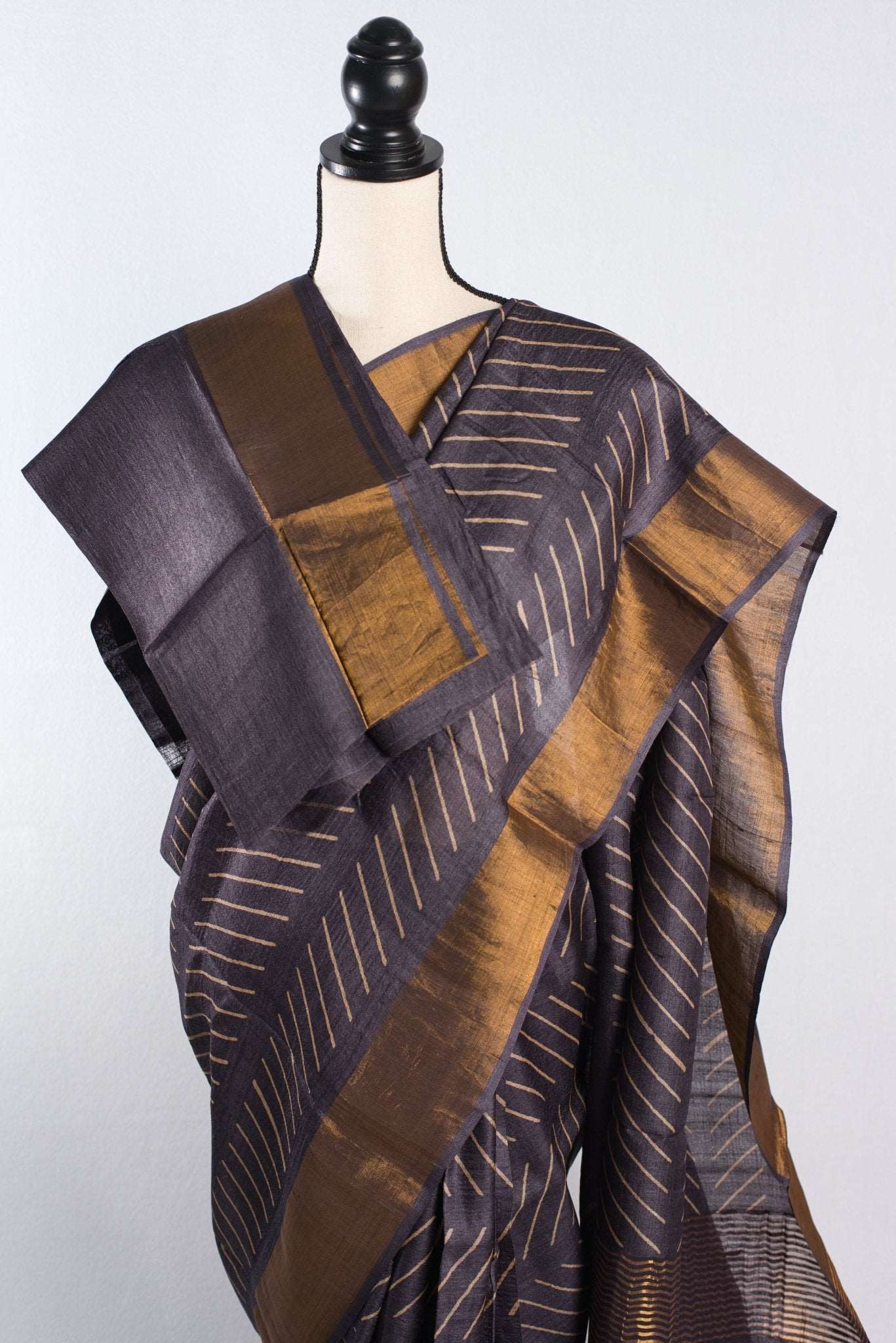 Block Printed Pure Tussar Silk Saree Dark Purple and Antique Gold - Saree Mandi