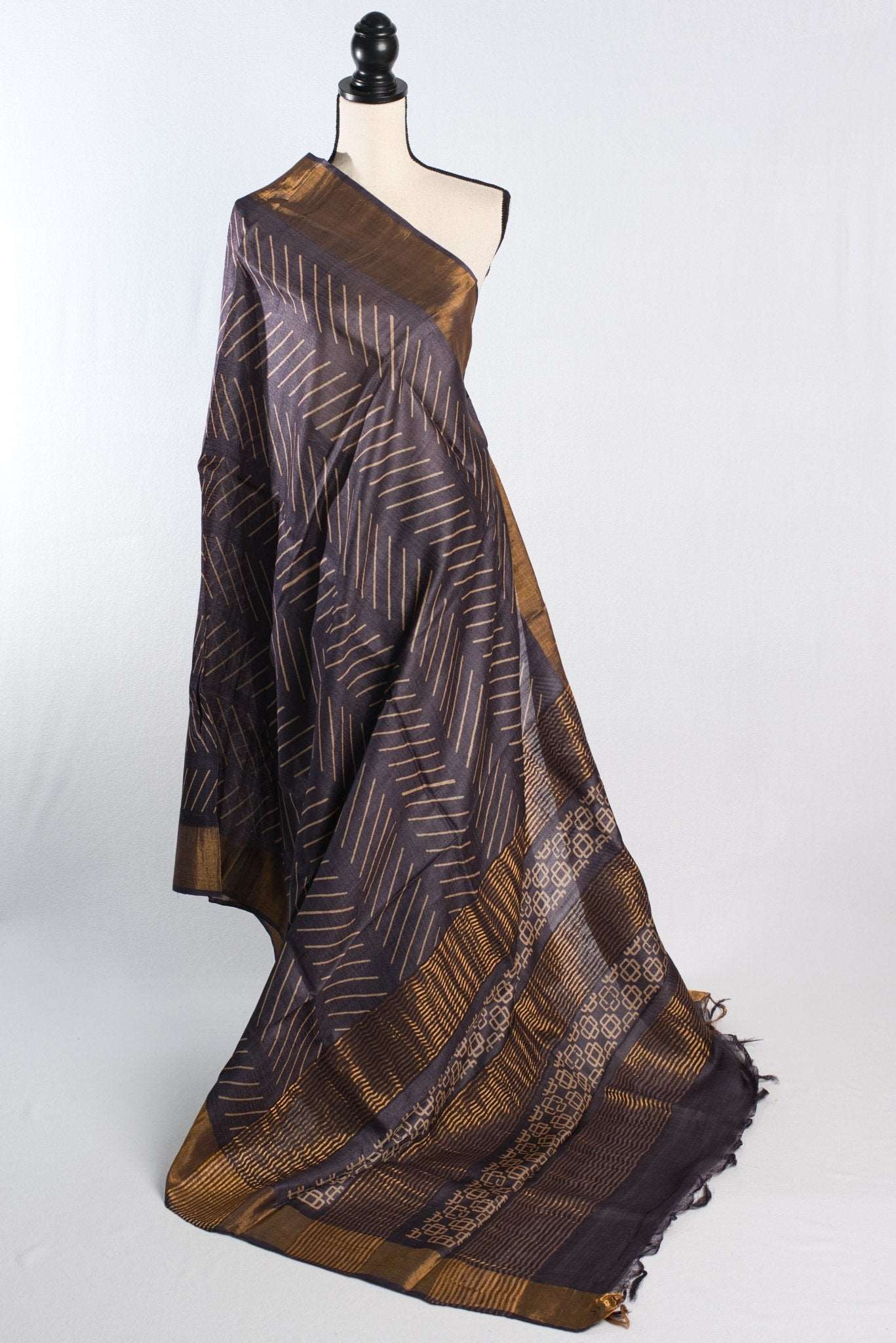 Block Printed Pure Tussar Silk Saree Dark Purple and Antique Gold - Saree Mandi