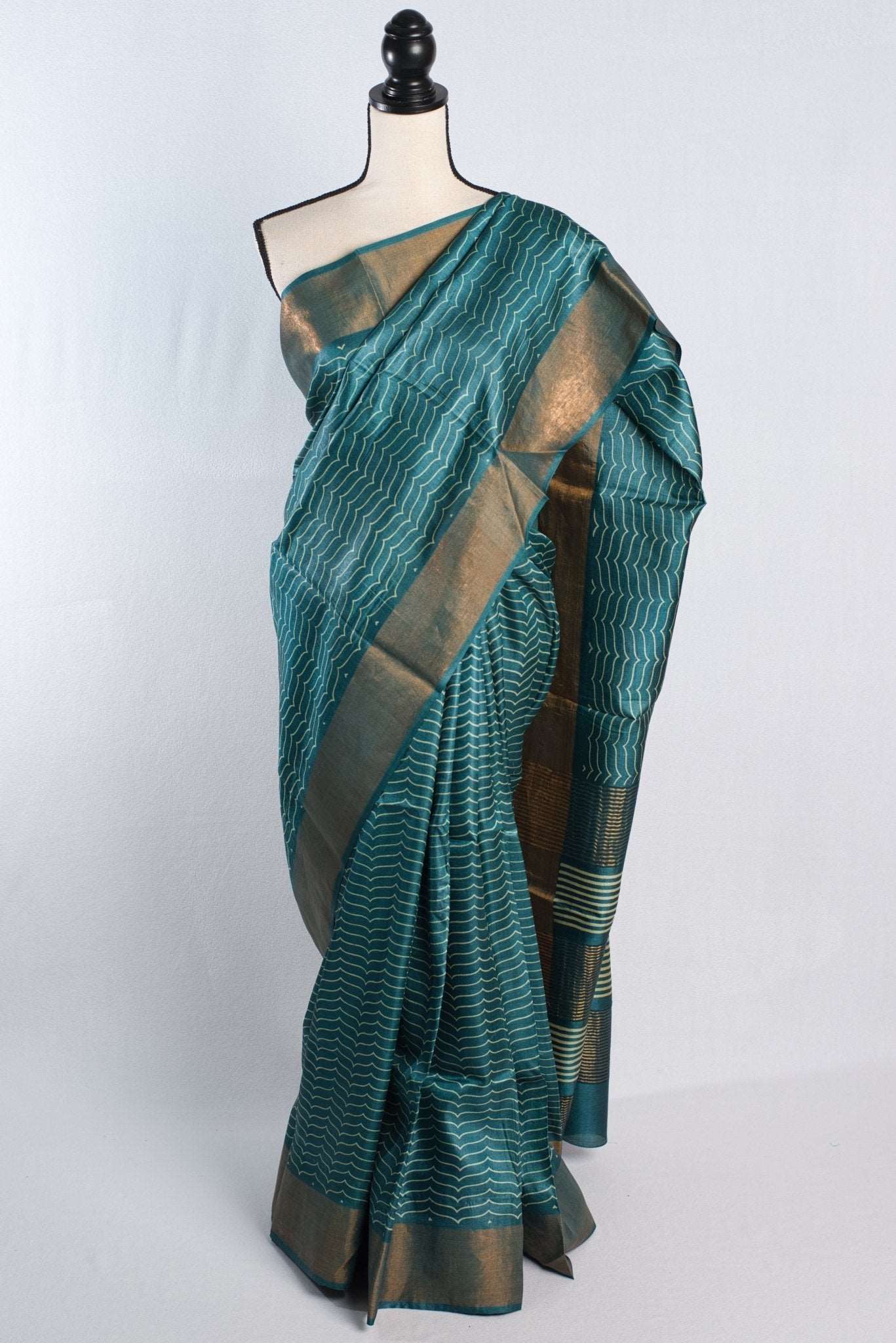 Block Printed Pure Tussar Silk Saree Teal Blue and Antique Gold - Saree Mandi