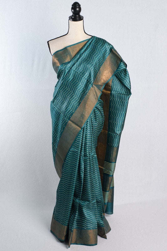 Block Printed Pure Tussar Silk Saree Teal Blue and Antique Gold - Saree Mandi