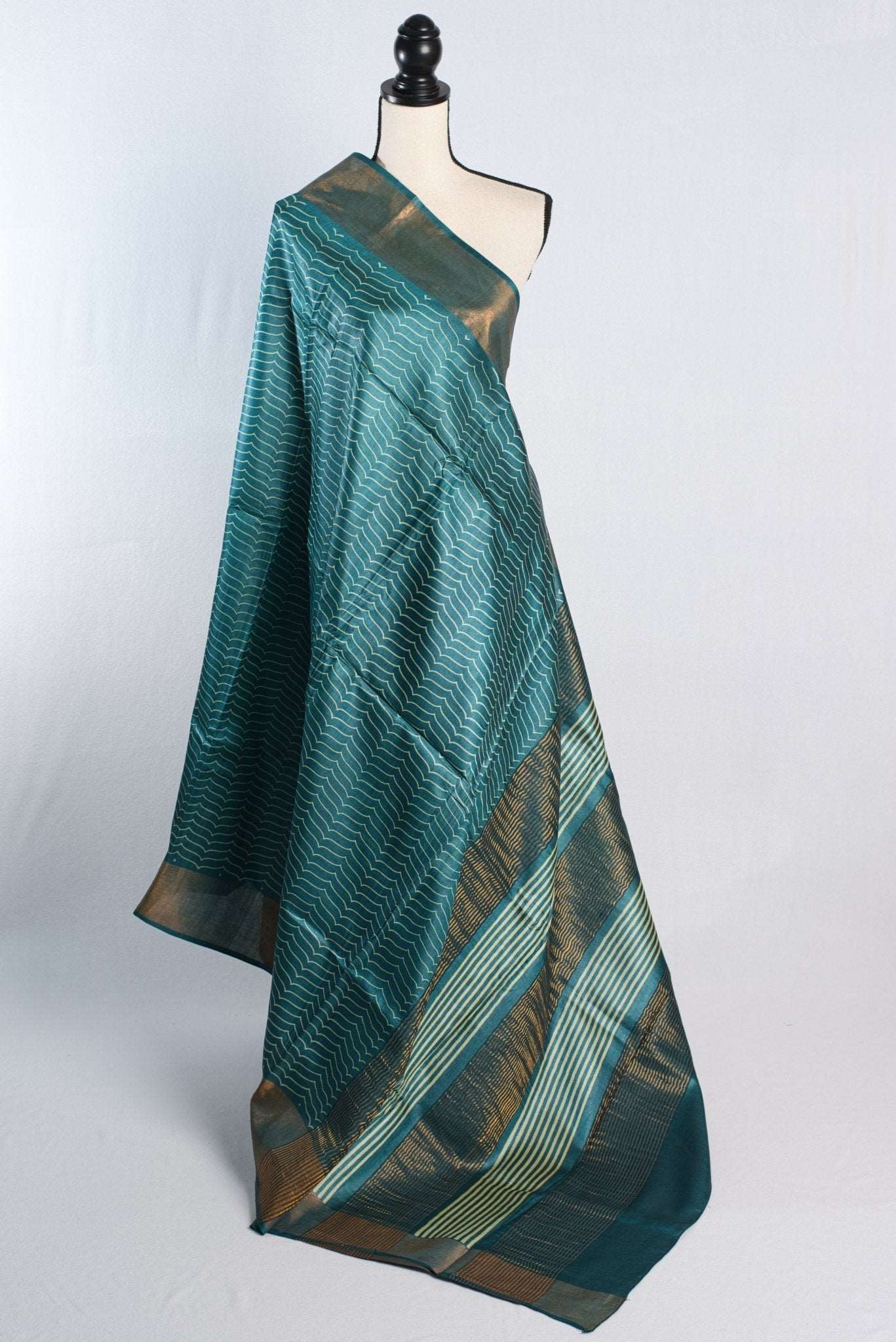 Block Printed Pure Tussar Silk Saree Teal Blue and Antique Gold - Saree Mandi