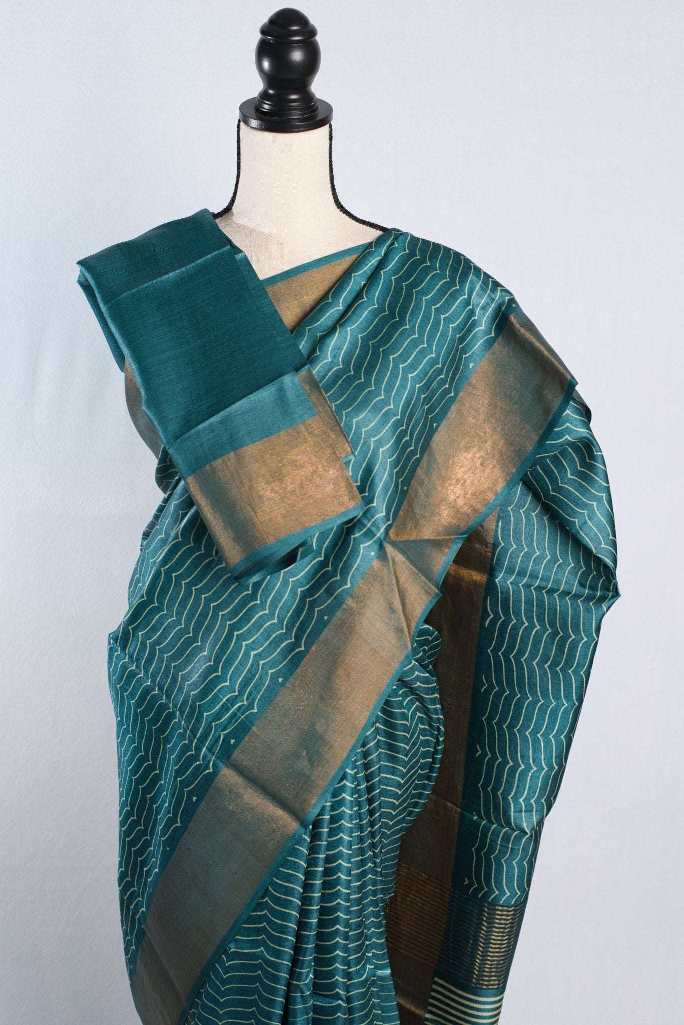 Block Printed Pure Tussar Silk Saree Teal Blue and Antique Gold - Saree Mandi