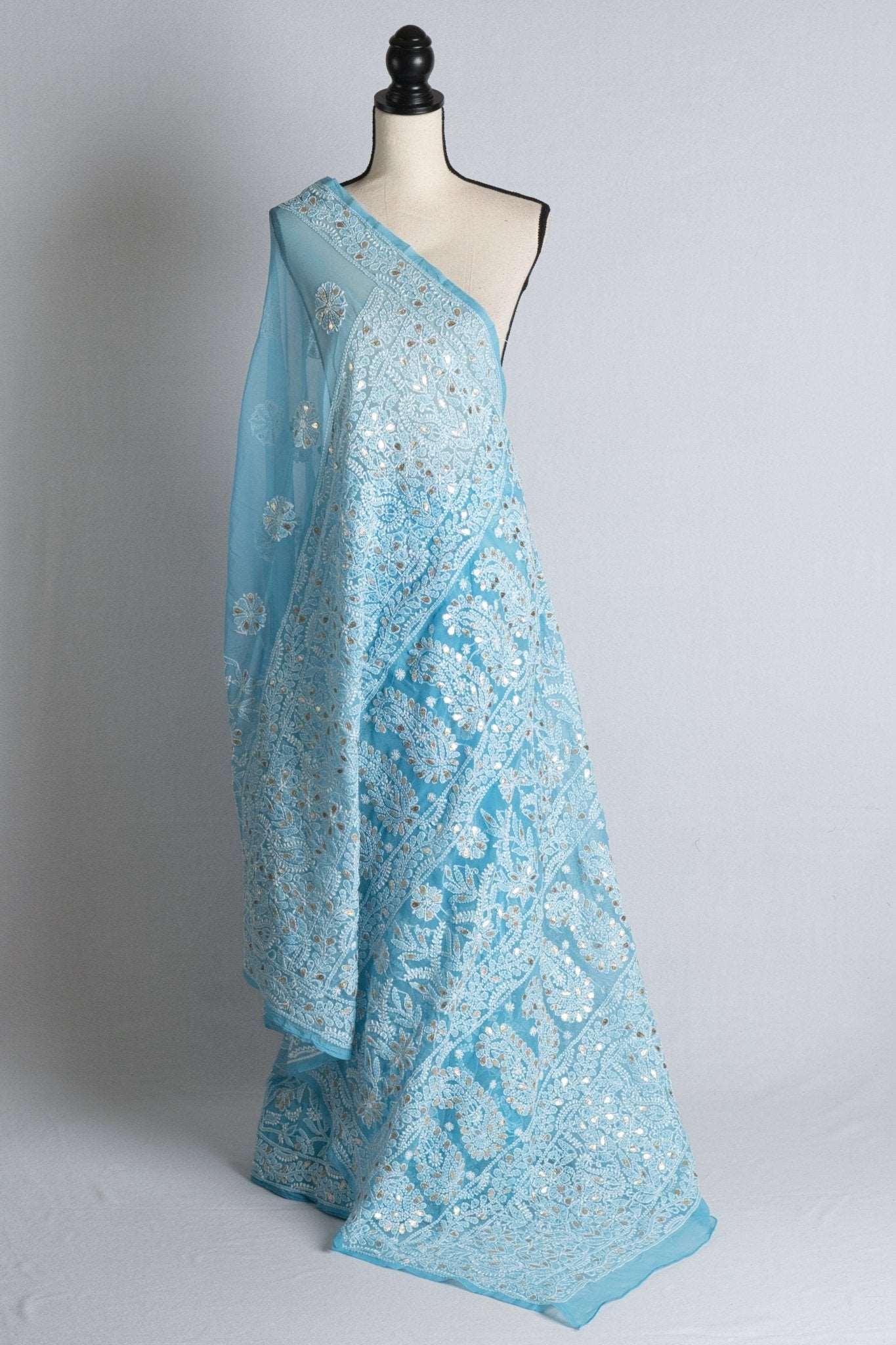 Blue and White Hand Embroidery Faux Georgette Chikankari Saree with Gota Patti - Saree Mandi