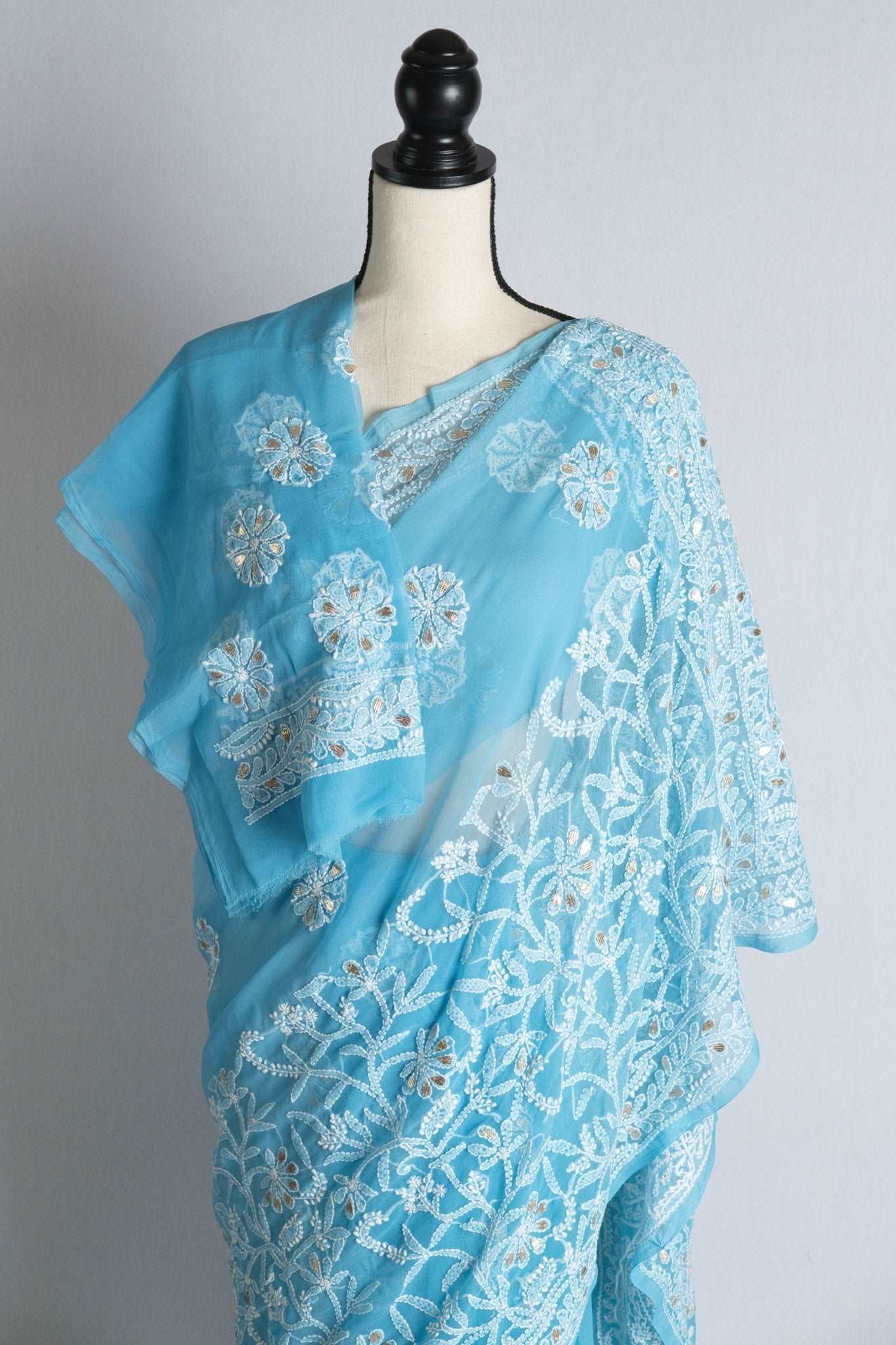 Blue and White Hand Embroidery Faux Georgette Chikankari Saree with Gota Patti - Saree Mandi