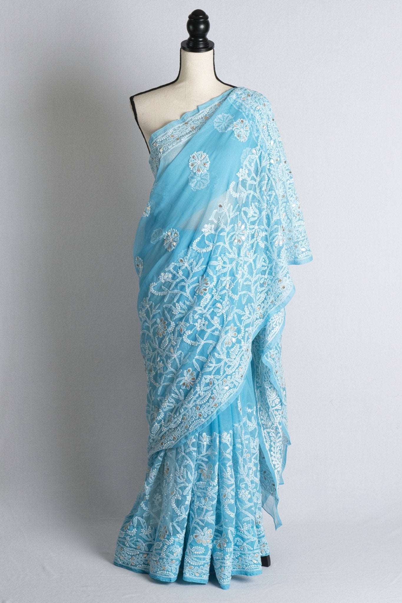 Blue and White Hand Embroidery Faux Georgette Chikankari Saree with Gota Patti - Saree Mandi