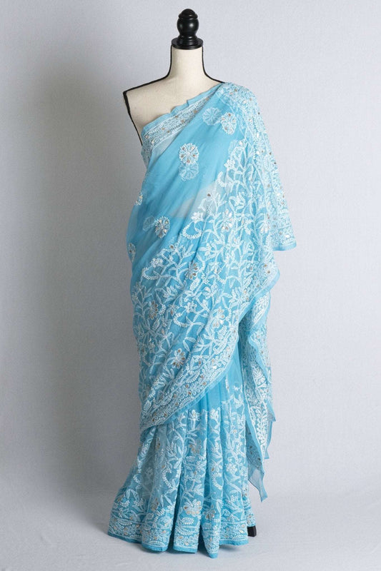 Blue and White Hand Embroidery Faux Georgette Chikankari Saree with Gota Patti - Saree Mandi