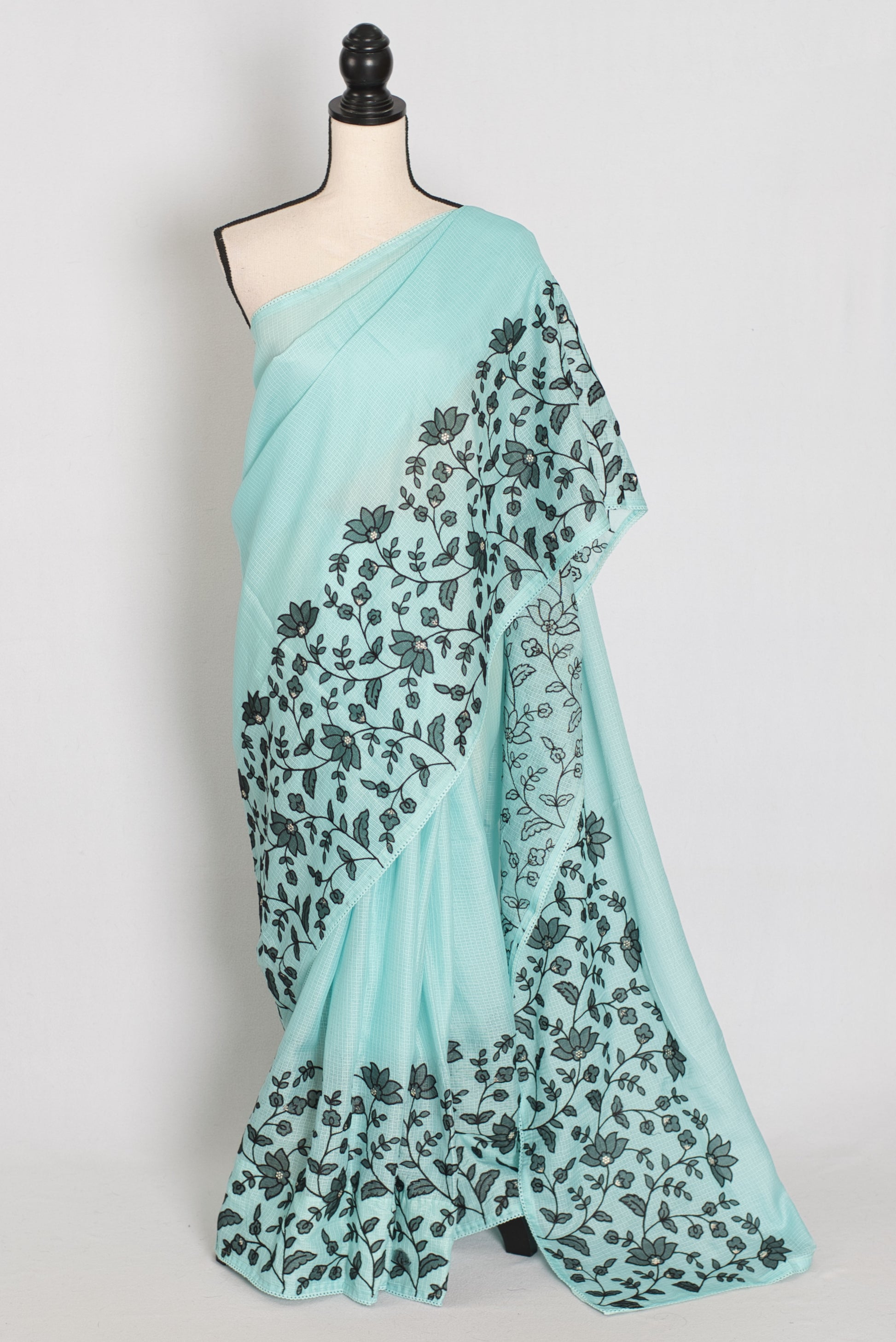 Dhriti | Turquoise Blue & Black Semi Kota Silk Saree | Artistic Floral Appliqué image 0