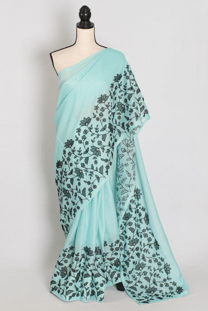 Dhriti | Turquoise Blue & Black Semi Kota Silk Saree | Artistic Floral Appliqué image 0