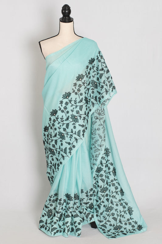 Dhriti | Turquoise Blue & Black Semi Kota Silk Saree | Artistic Floral Appliqué image 0
