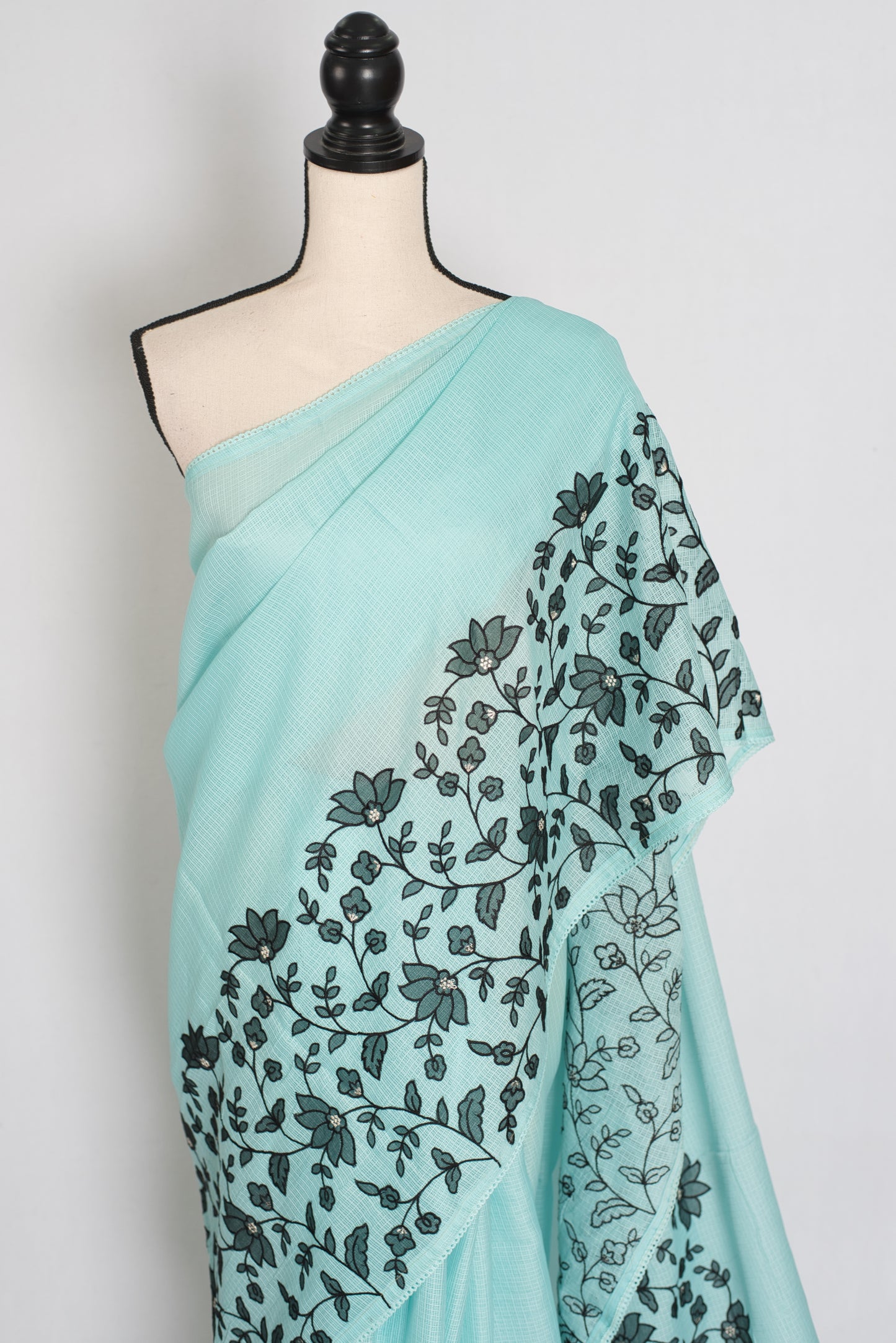 Dhriti | Turquoise Blue & Black Semi Kota Silk Saree | Artistic Floral Appliqué image 1