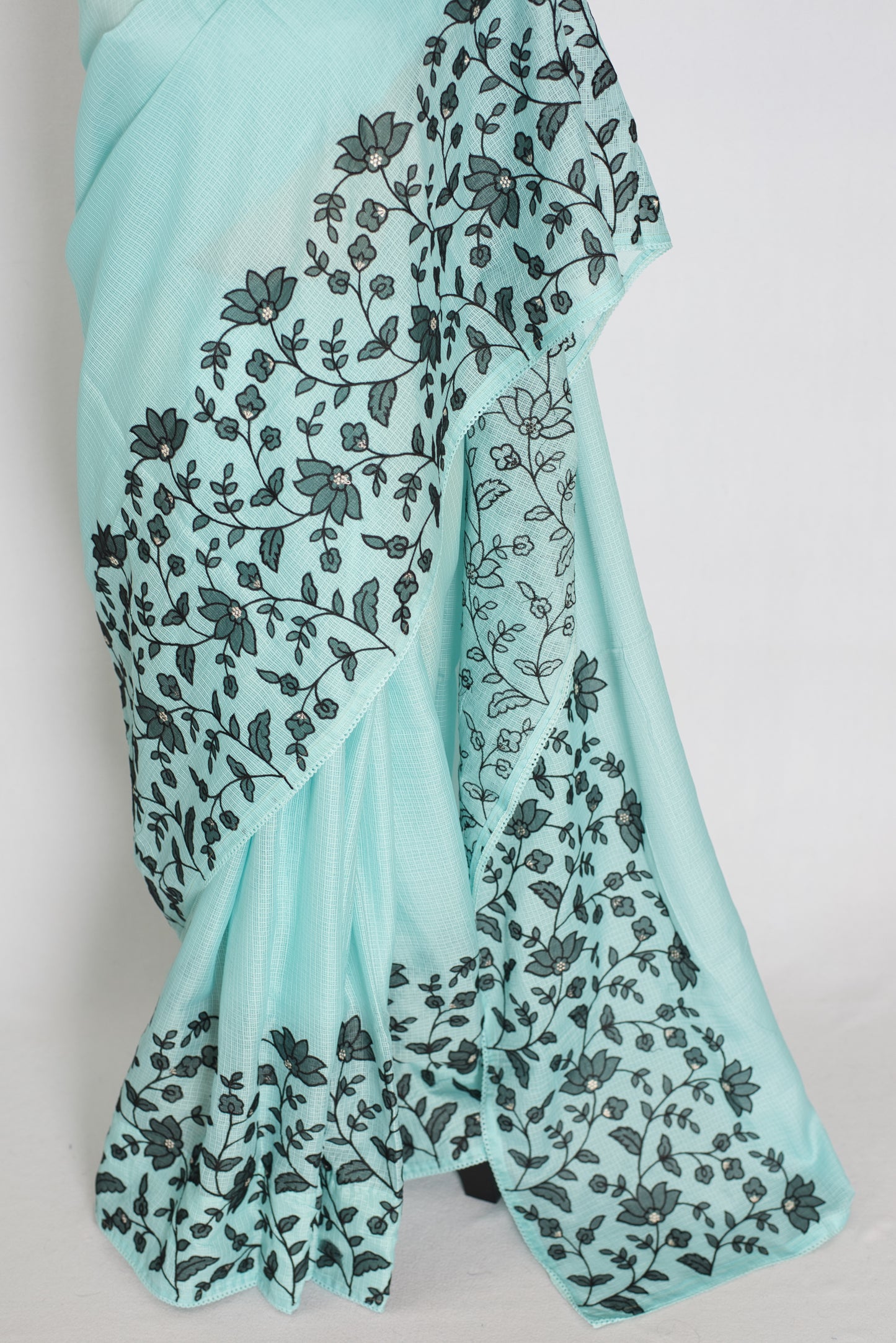 Dhriti | Turquoise Blue & Black Semi Kota Silk Saree | Artistic Floral Appliqué image 2