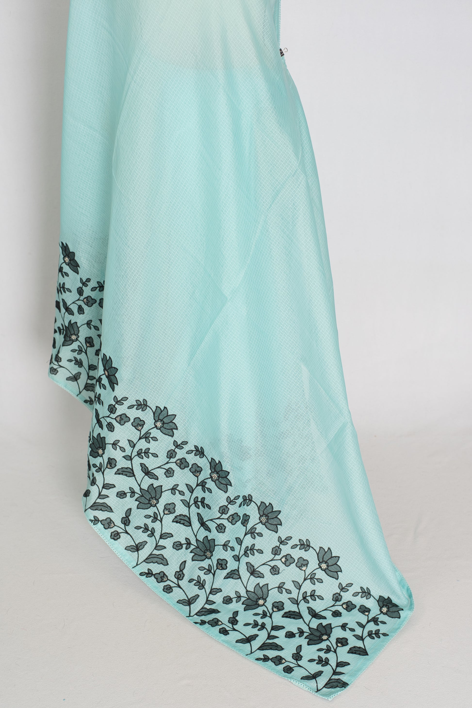 Dhriti | Turquoise Blue & Black Semi Kota Silk Saree | Artistic Floral Appliqué image 5