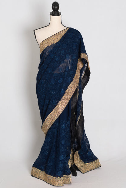 Midnight Blue Georgette Partywear Saree - Pic 1