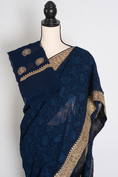 Midnight Blue Georgette Partywear Saree - Pic 4