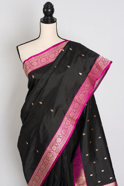 Brahamar : Silk Mark Certified Katan Banarasi Saree in Black and Magenta - Saree Mandi