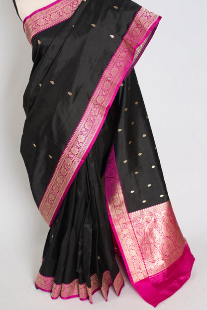 Brahamar : Silk Mark Certified Katan Banarasi Saree in Black and Magenta - Saree Mandi