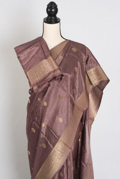 Brinda : Semi Crepe Silk Traditional Banarasi Saree in Brown and Gold - Saree Mandi
