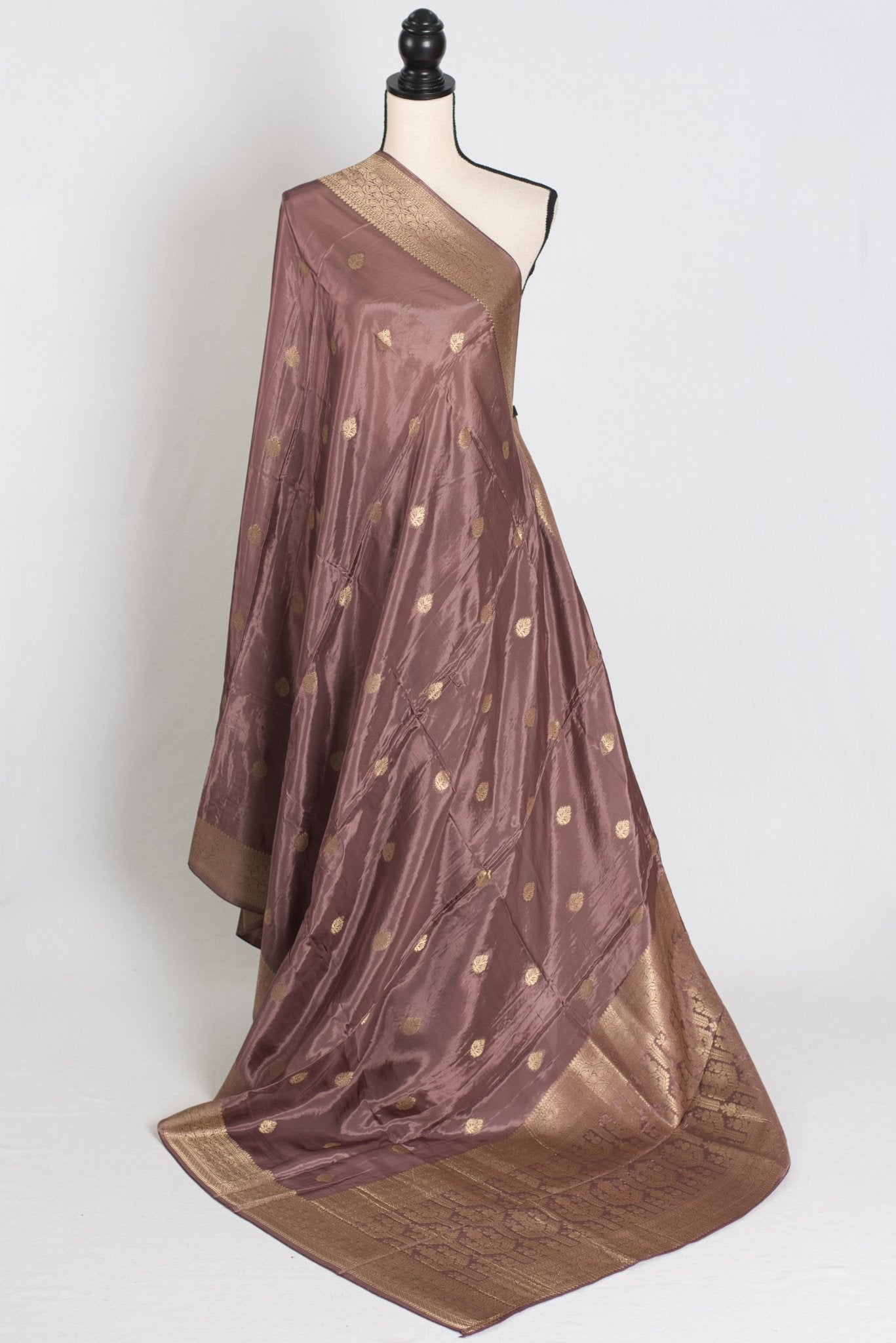 Brinda : Semi Crepe Silk Traditional Banarasi Saree in Brown and Gold - Saree Mandi