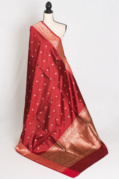 Brinda : Silk Mark Certified Katan Banarasi Saree in Brownish Maroon and Red - Saree Mandi