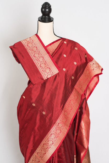 Brinda : Silk Mark Certified Katan Banarasi Saree in Brownish Maroon and Red - Saree Mandi