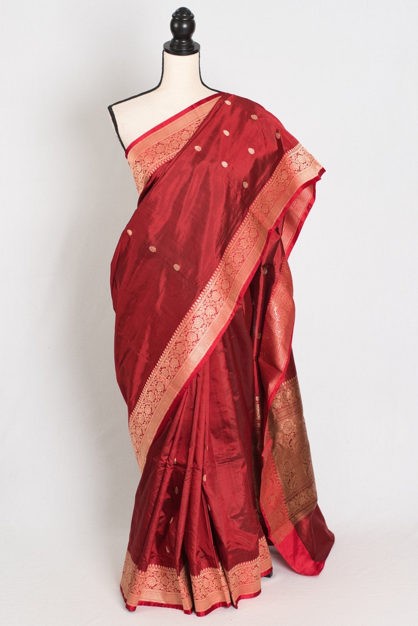 Brinda : Silk Mark Certified Katan Banarasi Saree in Brownish Maroon and Red - Saree Mandi