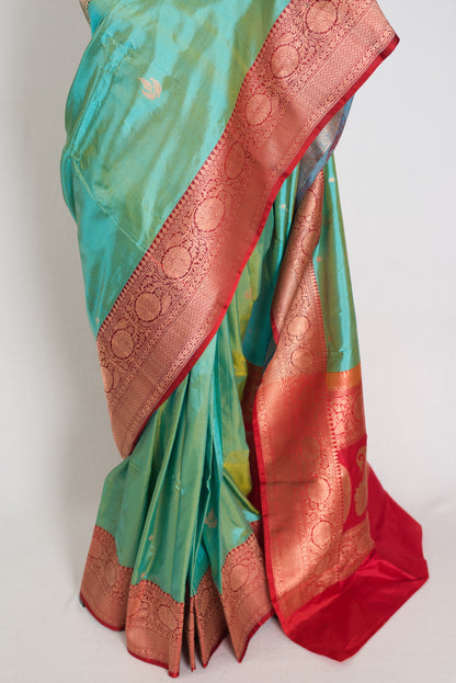 Nandini | Sea Green & Red Ganga Jamuna Border Banarasi Silk Saree image 6