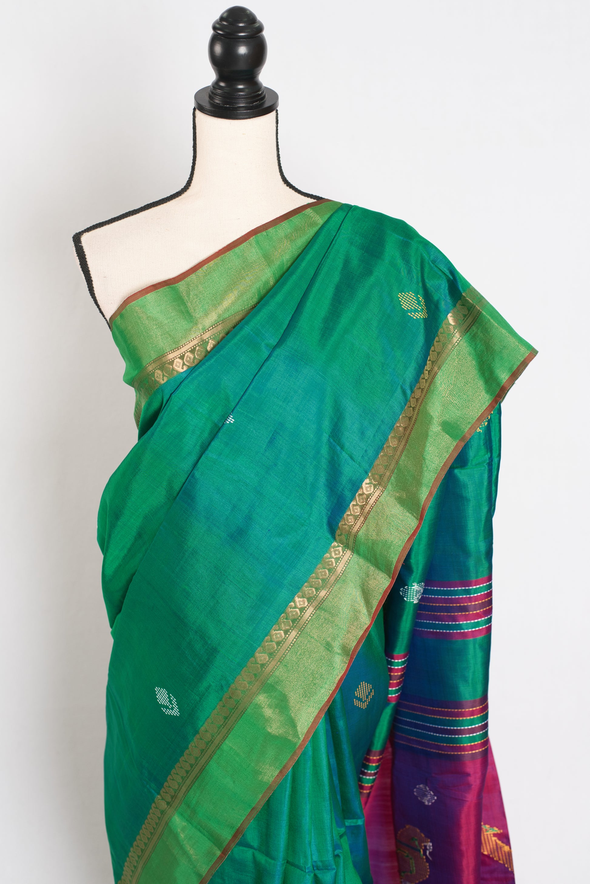 Shalini : Lightweight Bishnupur Katan Silk Saree in Emerald Green and Purple image 6