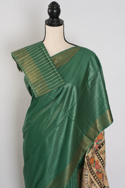 Bina : Dark Green Staple Tussar Saree | Hand-Painted Madhubani Pallu image 2