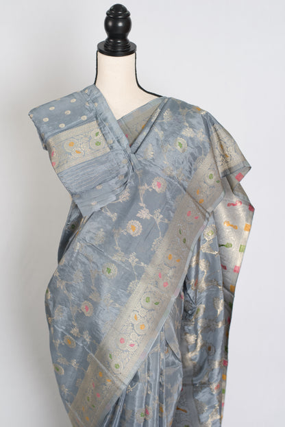 Damini : Semi Crepe Silk Jaal Banarasi Saree in Grey and Muted Gold image 2