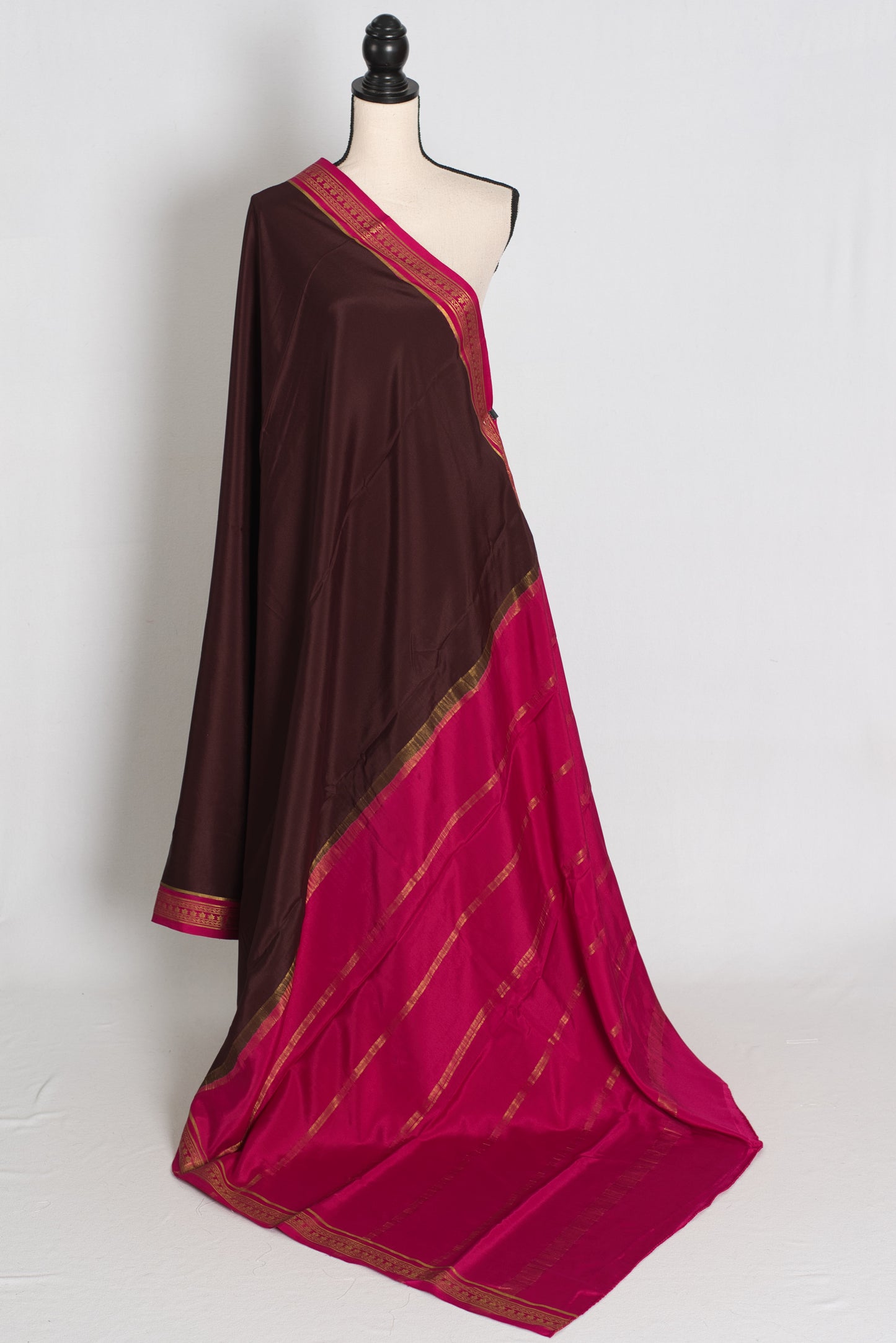 Devi : Brown and Pink Pure Mysore Crepe Silk Saree with 38 Size Stitched Blouse image 3