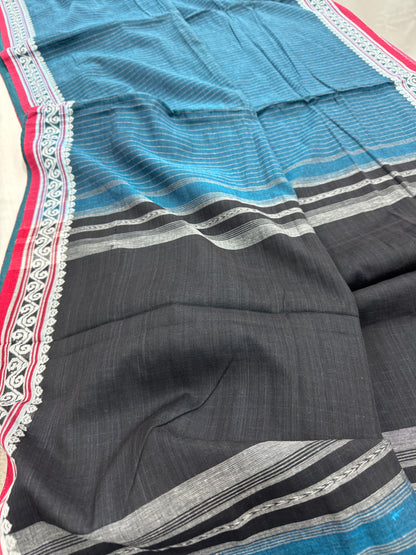Neeltara : Blue and White Traditional Bengal Soft Cotton Dhaniakhali Saree image 2