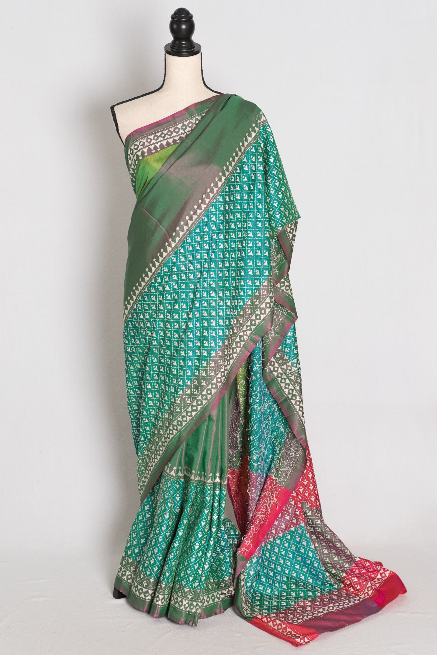 Damini : Green Semi Silk Kantha Embroidery Saree with 42 Size Stitched Blouse image 0