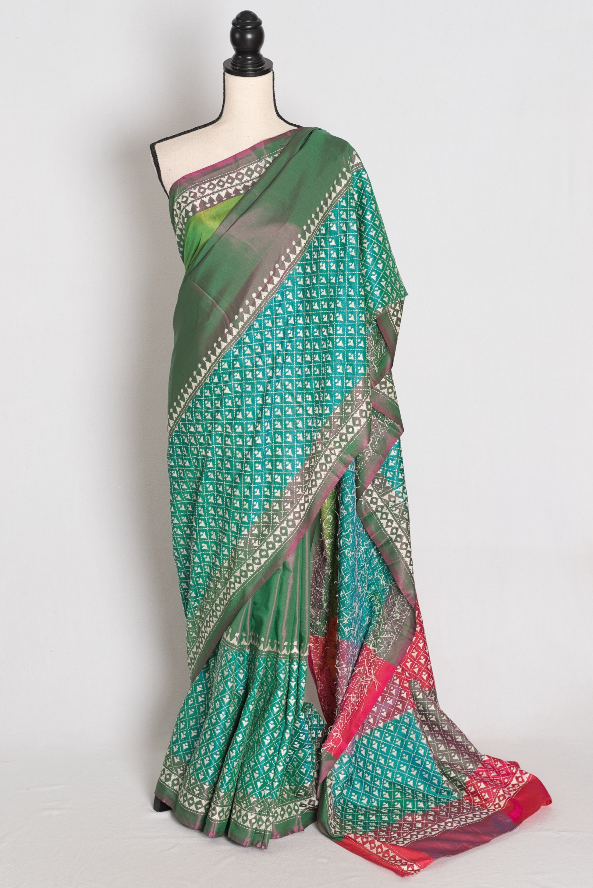 Damini : Green Semi Silk Kantha Embroidery Saree with 42 Size Stitched Blouse image 0