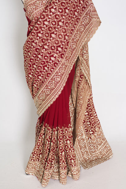 Mohey | Maroon and Gold Georgette Bridal Saree | Elegant Royal Festive Wear image 5