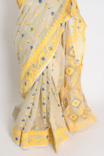 Snigdha : Brown and Yellow Blended Soft Cotton Jamdani Bengali Saree image 5