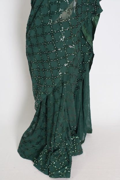 Heena | Dark Green Soft Net Sequin Saree | Bollywood Partywear image 5