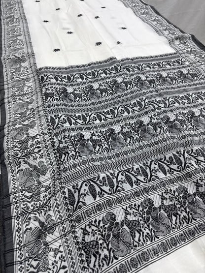 Nandini : Off-White and Black Soft Cotton Baluchari Saree with Blouse Piece image 2