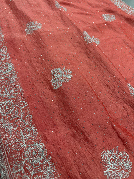 Iti | Peach Partywear Saree | Silver Thread Embroidery & Stones image 0