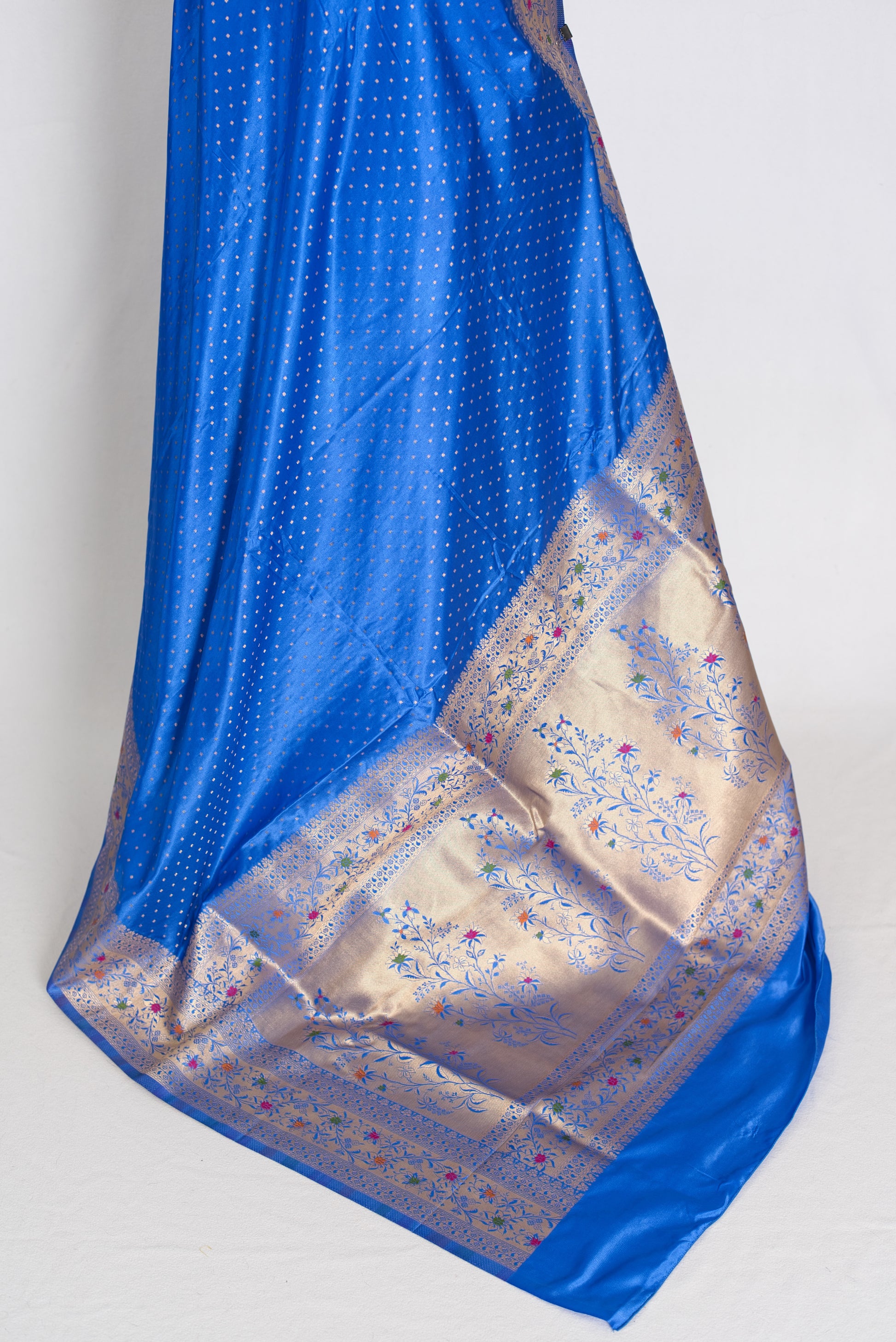 Nila | Blue Semi Mashru Banarasi Saree | Pre-Stitched Size 42 Brocade Blouse image 4