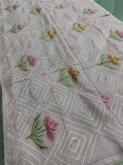 Laila | Soft Lavender Semi Kota Silk Saree | Pastel Floral Machine Embroidery image 0