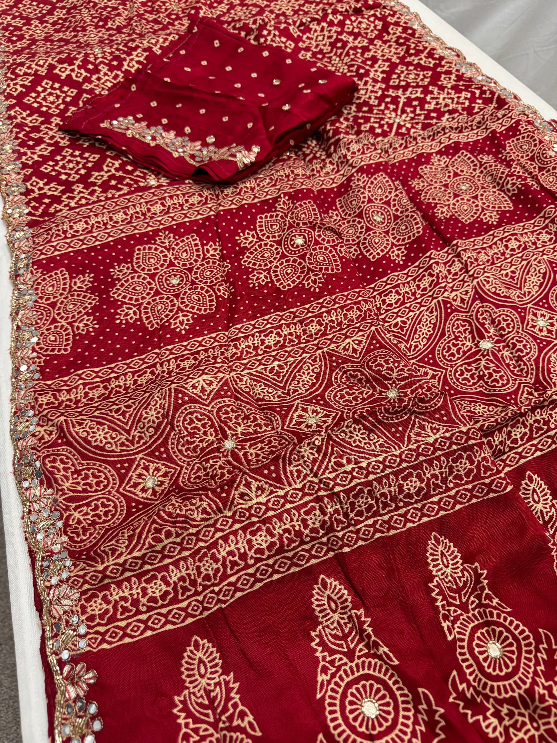 Sindhu : Sindoori Red Modal Silk Ajrakh Saree with Hand Embroidery Work image 4