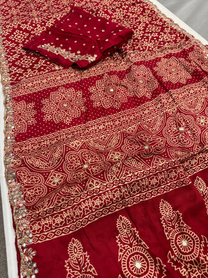 Sindhu : Sindoori Red Modal Silk Ajrakh Saree with Hand Embroidery Work image 4