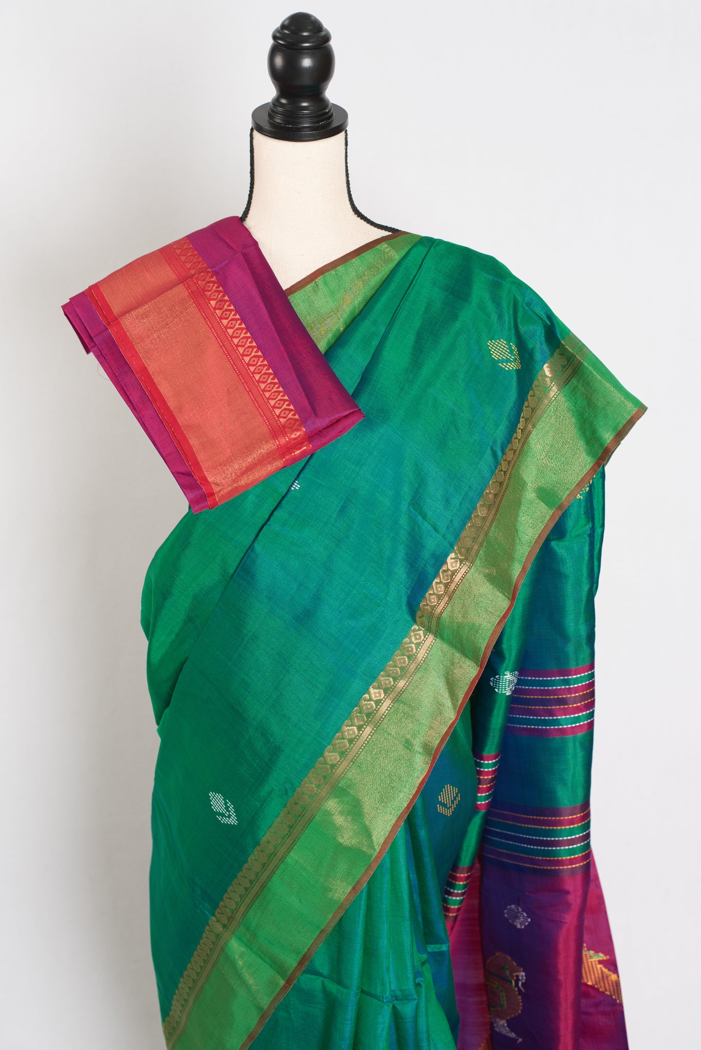 Shalini : Lightweight Bishnupur Katan Silk Saree in Emerald Green and Purple image 2