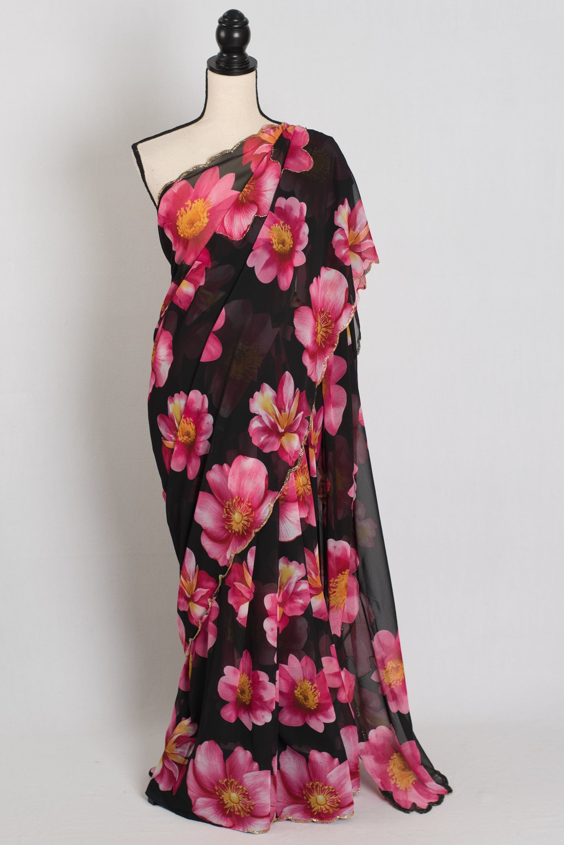 Eva : Black and Pink Floral Georgette Designer Embroidery Saree image 0